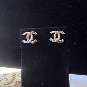 CHANEL Silver CC Interlocking Logo Stud Earrings signed in back